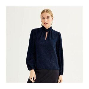 SIZE:XL NINE WEST NAVY BLUE LNG SLV TINSEL FINISH BLOUSE W/HIGH TWIST NECK